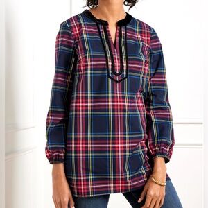 Talbots Womens XS Navy Red Tartan Plaid Velvet Trim Blouse Top 3/4 Leave Cotton